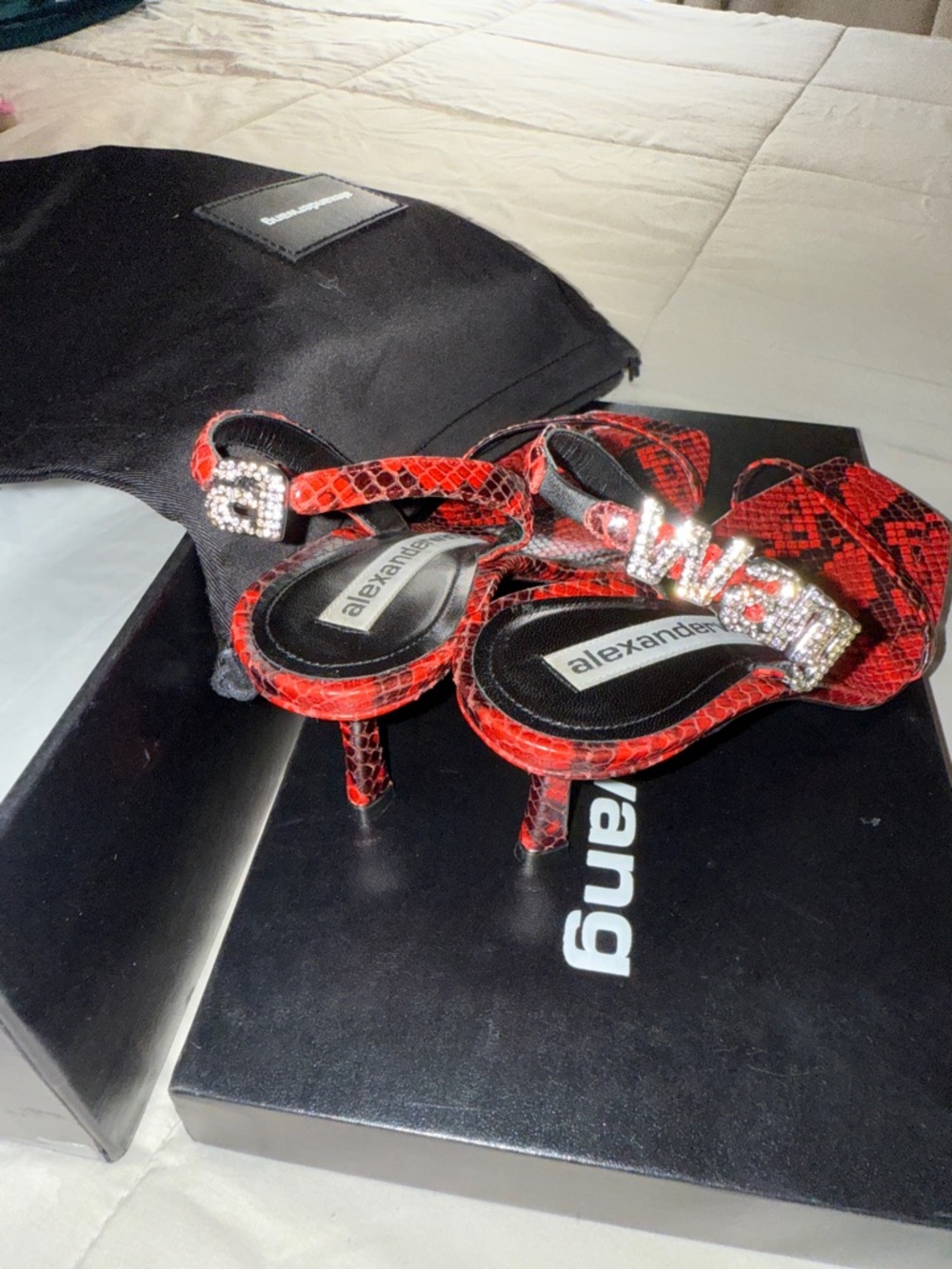 Alexander Wang Red Snakeskin Crystal-Embellished Slingback Heels - Picture 2 of 4